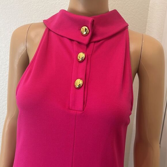 1901 Dress Hot Barbie Pink Gold Size 4 Halter Button Collar Neck Sleeveless Midi - Picture 2 of 9
